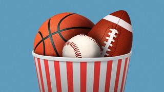 Illustration of basketball, football and baseball in popcorn bucket.